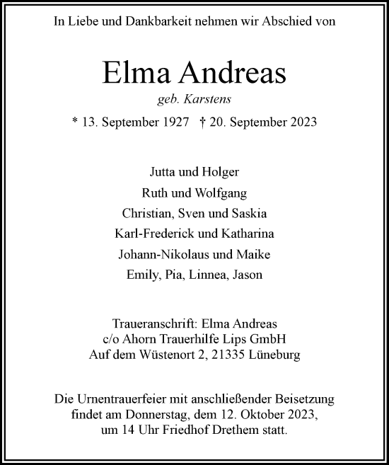 Traueranzeige von Elma Andreas von Hamburger Abendblatt