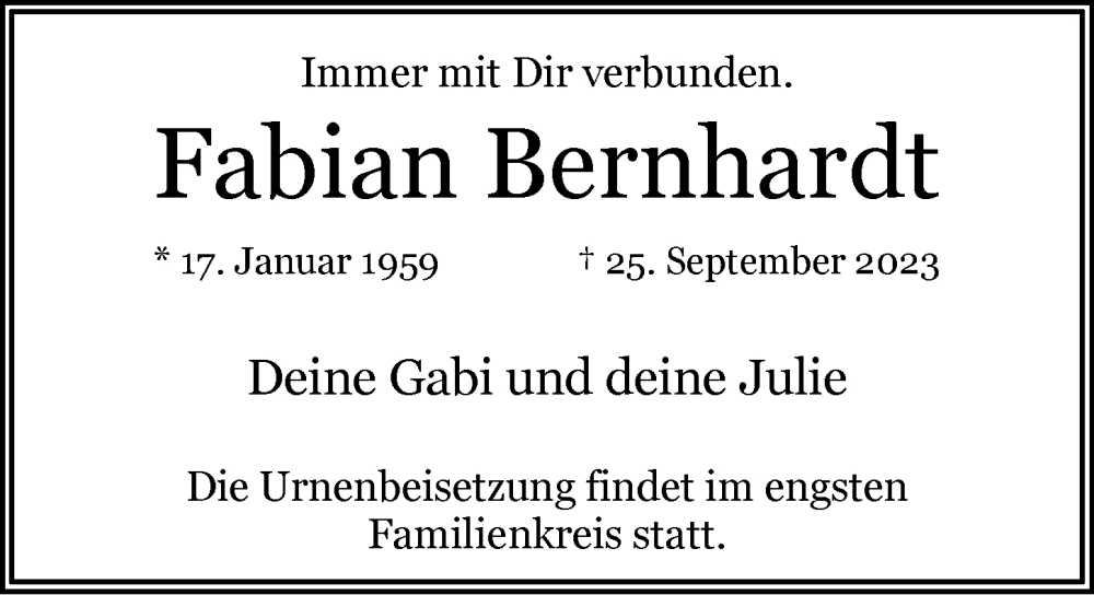  Traueranzeige für Fabian Bernhardt vom 07.10.2023 aus 