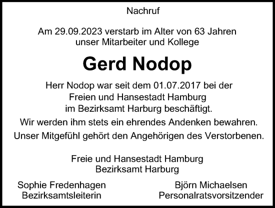 Traueranzeige von Gerd Nodop von HA Regio Harburg