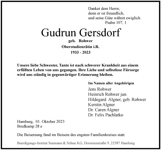 Traueranzeige von Gudrun Gersdorf von Hamburger Abendblatt