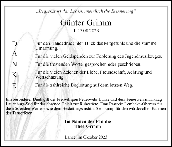 Traueranzeige von Günter Grimm von Bergedorfer Zeitung