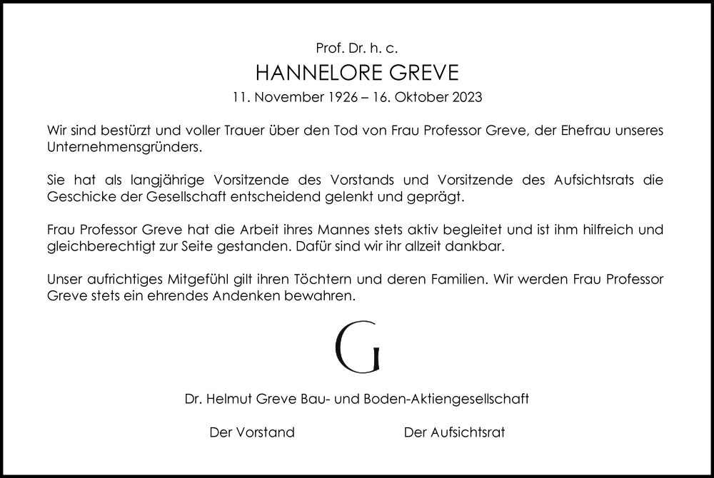  Traueranzeige für Hannelore Greve vom 28.10.2023 aus Hamburger Abendblatt