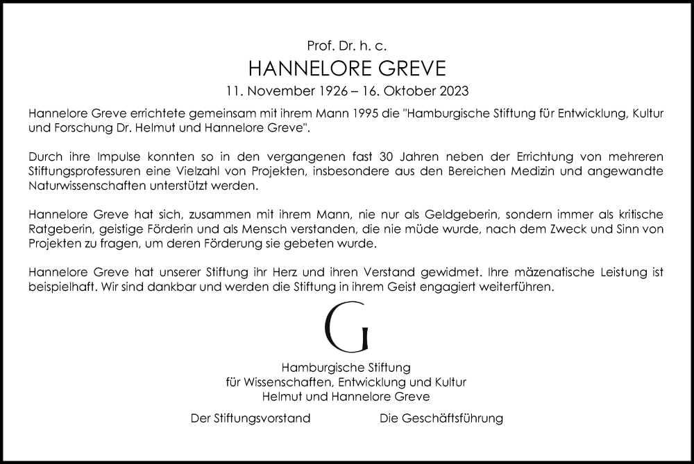  Traueranzeige für Hannelore Greve vom 28.10.2023 aus Hamburger Abendblatt
