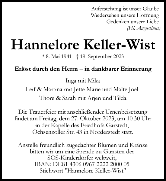 Traueranzeige von Hannelore Keller-Wist von Hamburger Abendblatt