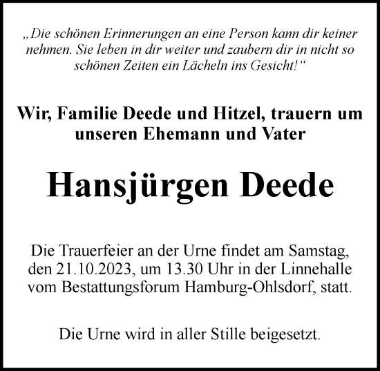 Traueranzeige von Hansjörgen Deede von Hamburger Abendblatt