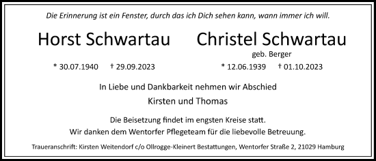 Traueranzeige von Horst und Christel Schwartau 