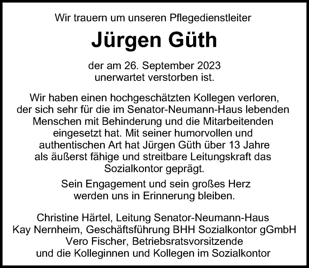  Traueranzeige für Jürgen Güth vom 14.10.2023 aus Hamburger Abendblatt