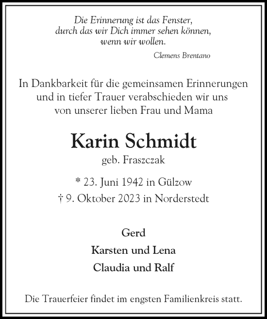 Traueranzeige von Karin Schmidt von Hamburger Abendblatt