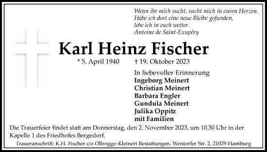 Traueranzeige von Karl Heinz Fischer von Bergedorfer Zeitung
