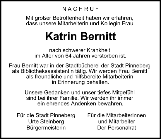 Traueranzeige von Katrin Bernitt von HA Regio Pinneberg