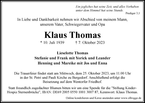 Traueranzeige von Klaus Thomas von Bergedorfer Zeitung