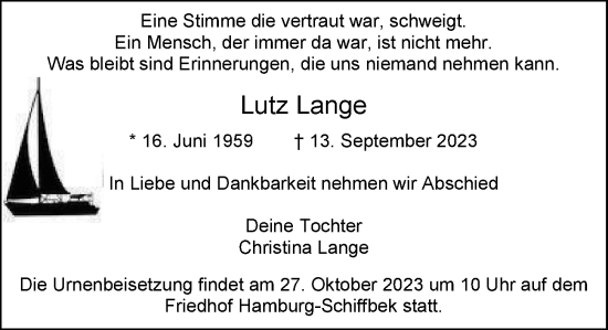 Traueranzeige von Lutz Lange von Hamburger Abendblatt