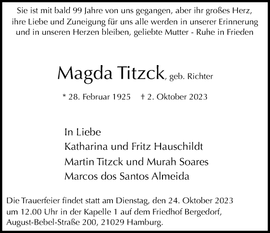 Traueranzeige von Magda Titzck von Bergedorfer Zeitung