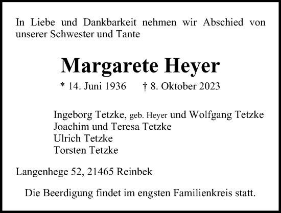 Traueranzeige von Margarete Heyer von Bergedorfer Zeitung