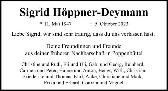 Traueranzeige von Sigrid Höppner-Deymann von Hamburger Abendblatt