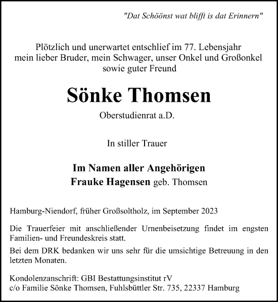 Traueranzeige von Sönke Thomsen von Hamburger Abendblatt