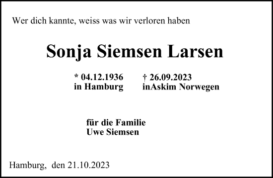 Traueranzeige von Sonja Siemsen Larsen 