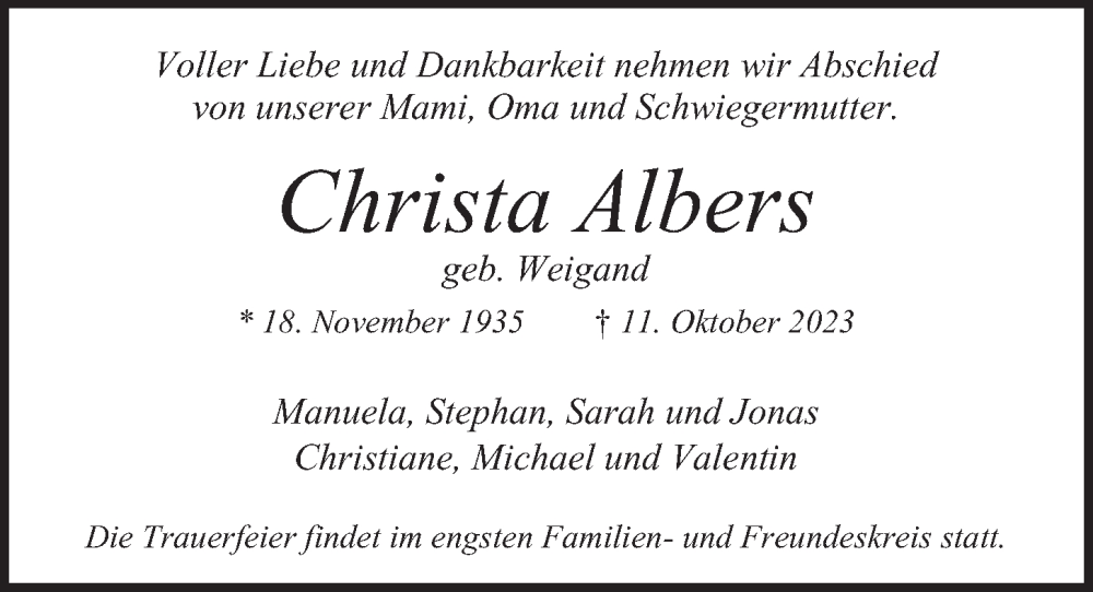  Traueranzeige für Christa Albers vom 28.10.2023 aus 