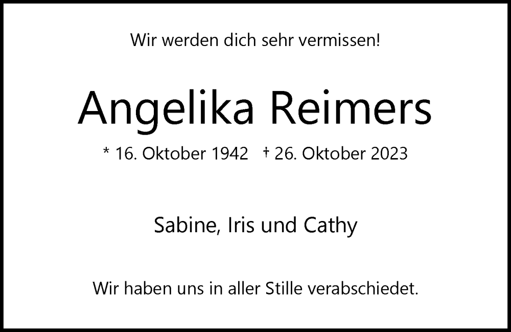  Traueranzeige für Angelika Reimers vom 25.11.2023 aus 