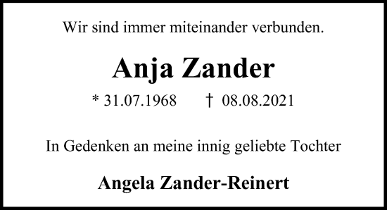 Traueranzeige von Anja Zander von Hamburger Abendblatt
