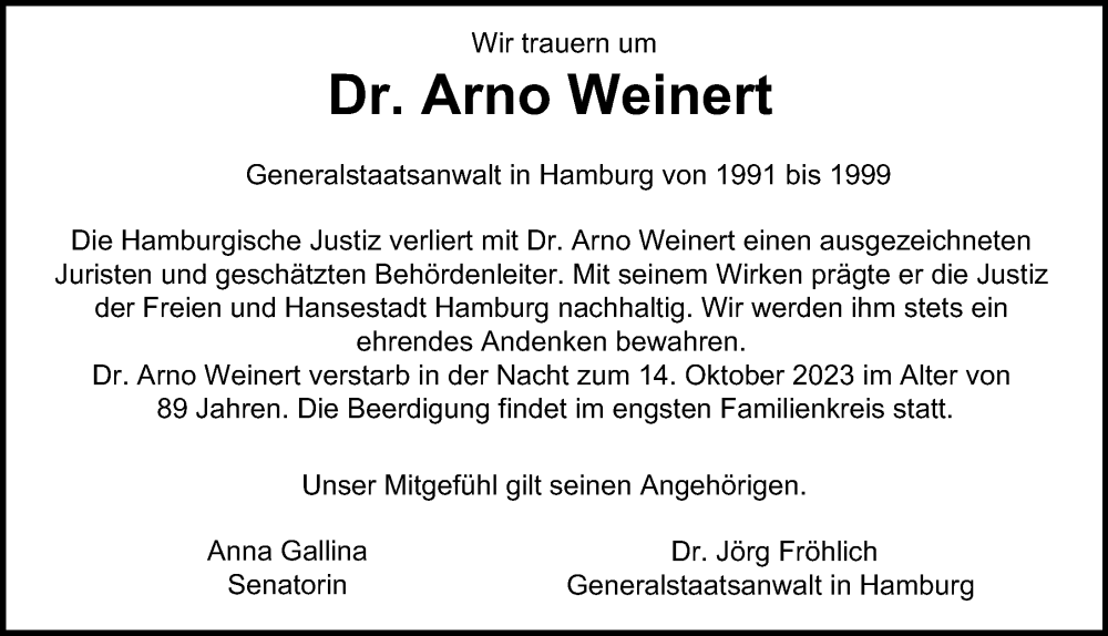 Traueranzeige für Arno Weinert vom 18.11.2023 aus Hamburger Abendblatt