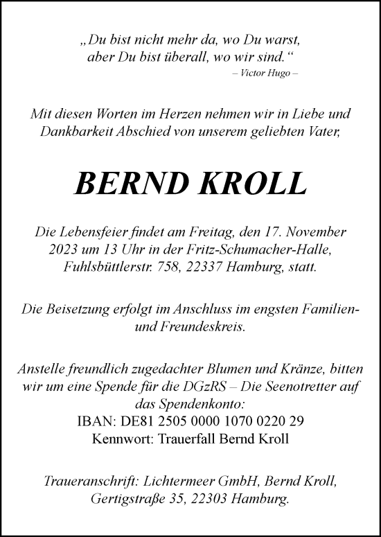 Traueranzeige von Bernd Kroll von Hamburger Abendblatt