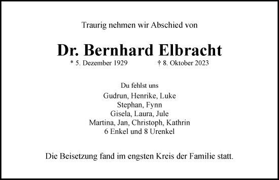 Traueranzeige von Bernhard Elbracht von Hamburger Abendblatt