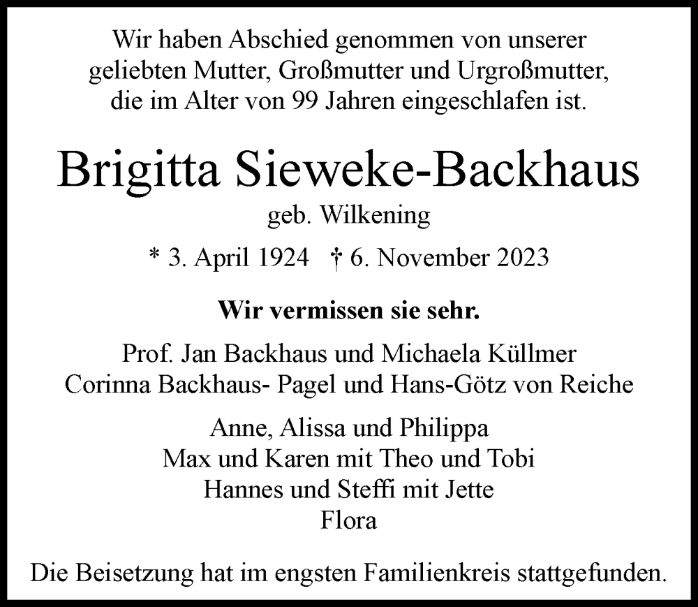  Traueranzeige für Brigitta Sieweke-Backhaus vom 25.11.2023 aus Hamburger Abendblatt