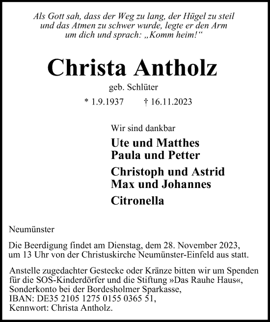 Traueranzeige von Christa Antholz von Hamburger Abendblatt