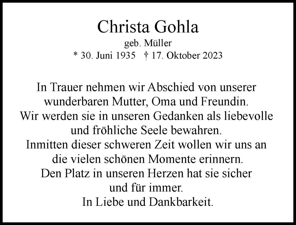  Traueranzeige für Christa Gohla vom 25.11.2023 aus Hamburger Abendblatt