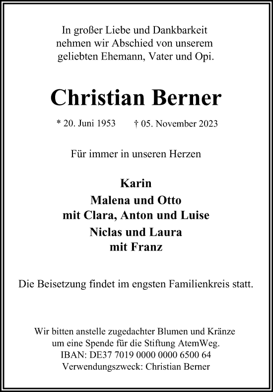 Traueranzeige von Christian Berner von Hamburger Abendblatt