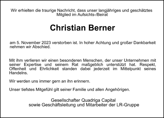 Traueranzeige von Christian Berner von Hamburger Abendblatt