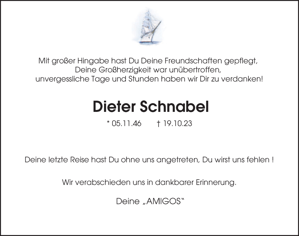  Traueranzeige für Dieter Schnabel vom 18.11.2023 aus Hamburger Abendblatt