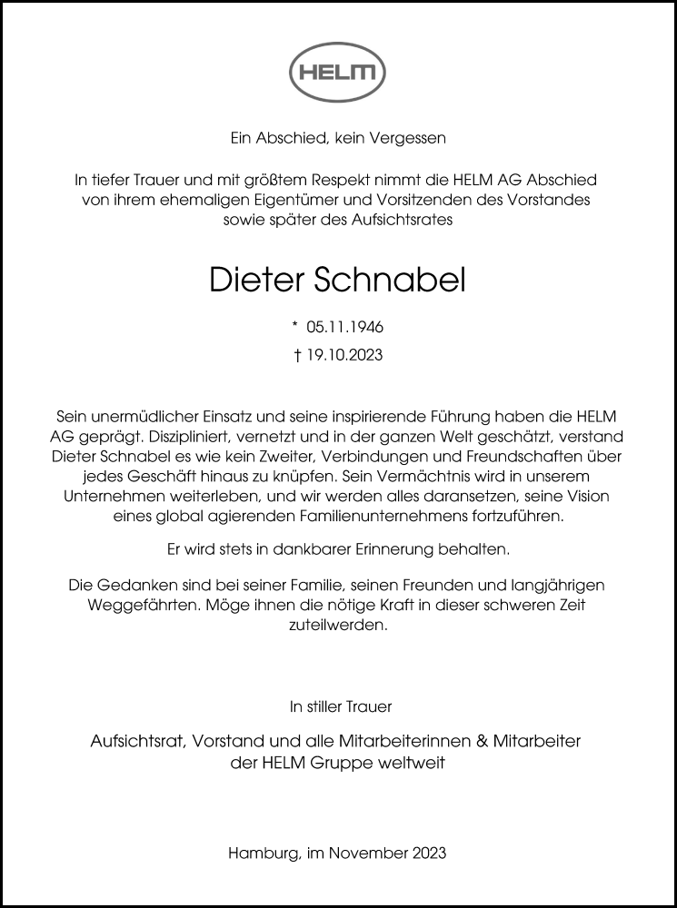  Traueranzeige für Dieter Schnabel vom 18.11.2023 aus Hamburger Abendblatt