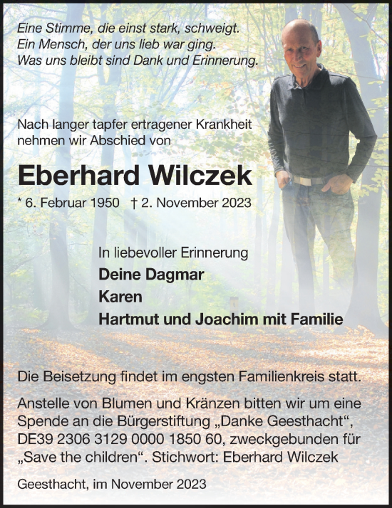 Traueranzeige von Eberhard Wilczek von Bergedorfer Zeitung