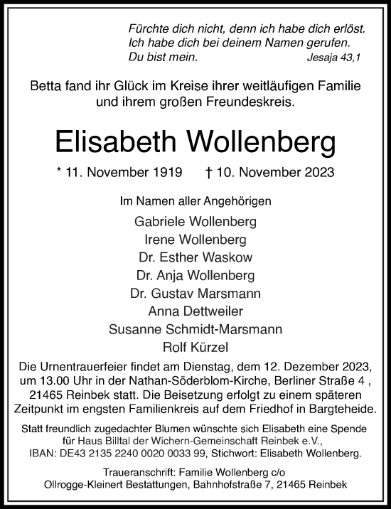 Traueranzeige von Elisabeth Wollenberg von Bergedorfer Zeitung