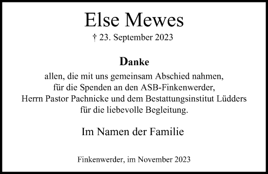 Traueranzeige von Else Mewes 