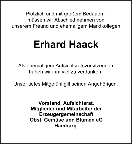 Traueranzeige von Erhard Haack von Bergedorfer Zeitung