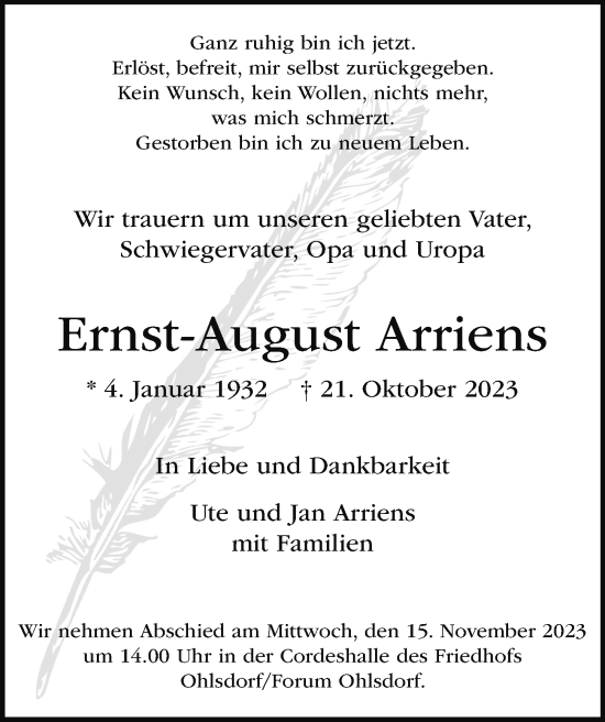 Traueranzeige von Ernst-August Arriens von Hamburger Abendblatt