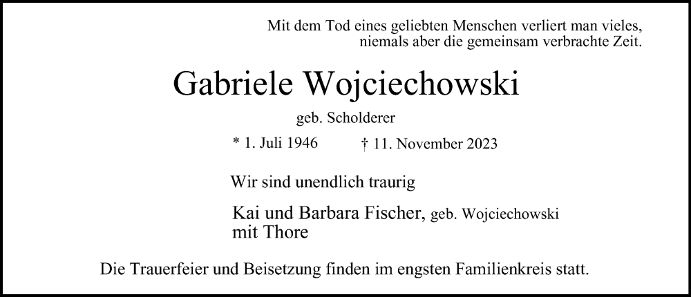  Traueranzeige für Gabriele Wojciechowski vom 18.11.2023 aus Hamburger Abendblatt