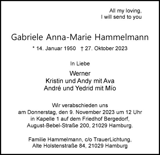 Traueranzeige von Gabriele Anna-Marie Hammelmann von Bergedorfer Zeitung