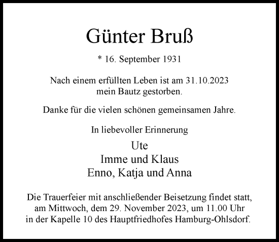 Traueranzeige von Günter Bruß von Hamburger Abendblatt