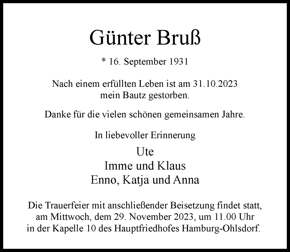  Traueranzeige für Günter Bruß vom 18.11.2023 aus Hamburger Abendblatt