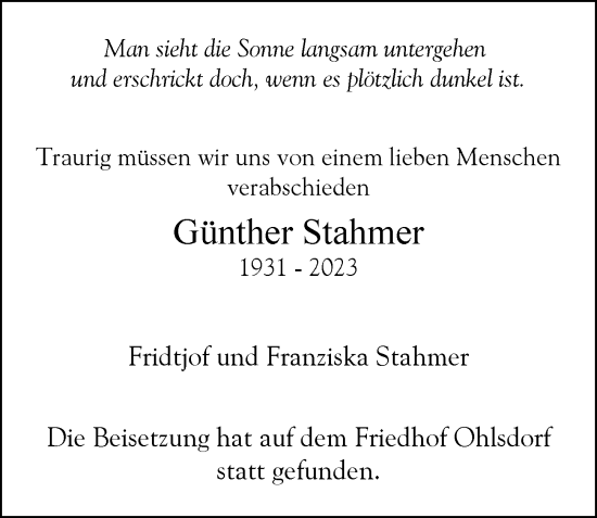 Traueranzeige von Günther Stahmer von Hamburger Abendblatt