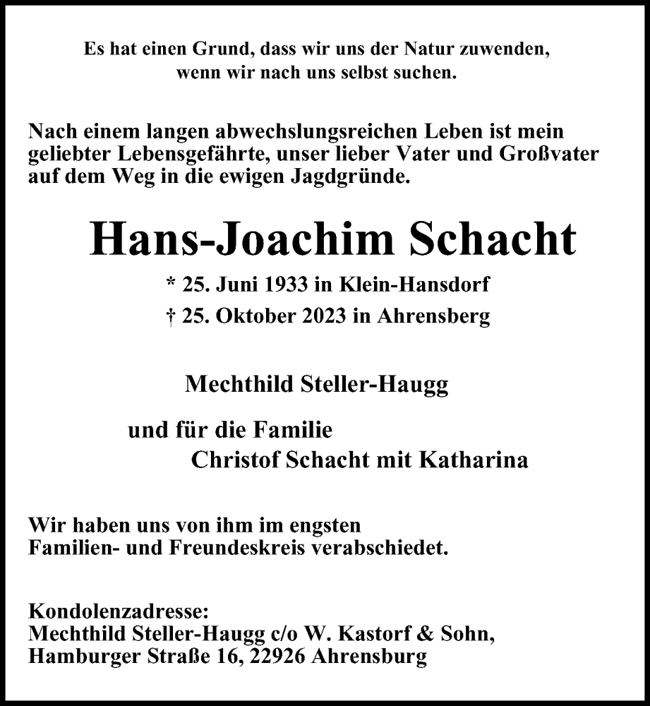  Traueranzeige für Hans-Joachim Schacht vom 25.11.2023 aus Hamburger Abendblatt