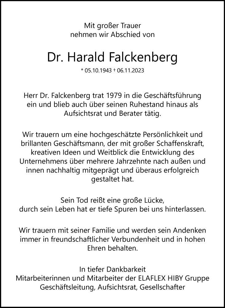  Traueranzeige für Harald Falckenberg vom 18.11.2023 aus Hamburger Abendblatt