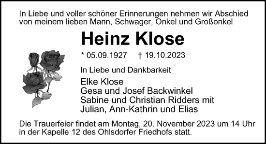 Traueranzeige von Heinz Klose von Hamburger Abendblatt