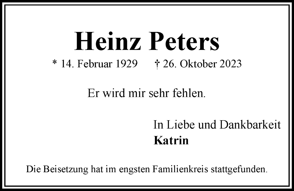  Traueranzeige für Heinz Peters vom 25.11.2023 aus Bergedorfer Zeitung