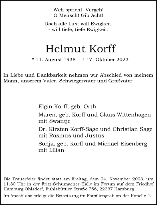 Traueranzeige von Helmut Korff von Hamburger Abendblatt