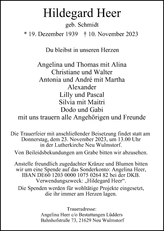 Traueranzeige von Hildegard Heer von Hamburger Abendblatt